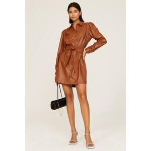 Peter Som Brown Faux Leather Belted Tie Waist Button Front Mini Shirt Dress Sz 2